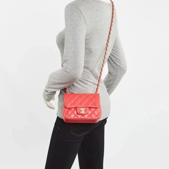 Chanel Red Quilted Lambskin Leather Classic Square Mini Flap Bag - Picture 2 of 9